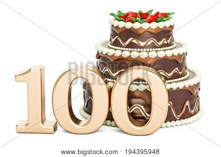 Chocolate Birthday cake with golden number 100 3D rendering isolated on white background