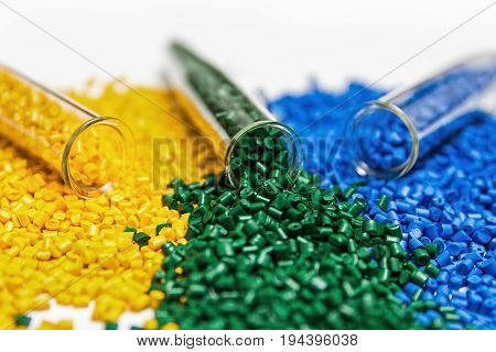 Polymeric dye. Plastic pellets. Colorant for plastics. Pigment in the granules.