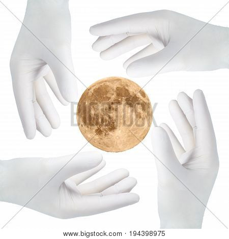 Four hands in gloves glove after the moon in front of white background.