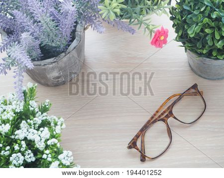 wood table with beautiful flower frame on pot and modern eyeglasses view from top wood table.
