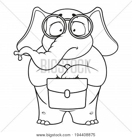 Elephant. Character. The botanist with glasses is holding a briefcase in his hands. Surprised. Big collection of isolated elephants. Vector, cartoon
