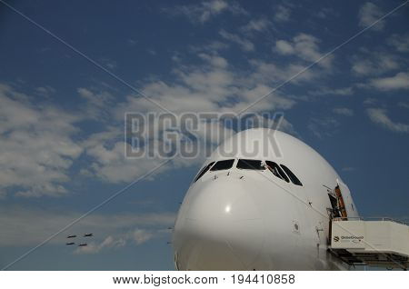 BERLIN, GERMANY - JUNE 11, 2010. Demo flight of the Airbus A380 at the Internationale Luftfahrt Ausstelling, ILA in Berlin on June 11. The A380 is the largest passenger airliner in the world.