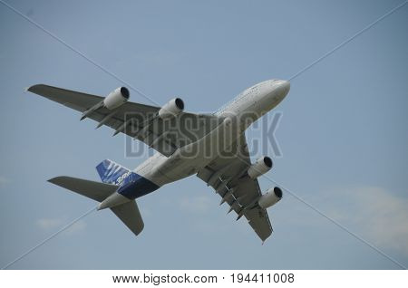 BERLIN, GERMANY - JUNE 11, 2010. Demo flight of the Airbus A380 at the Internationale Luftfahrt Ausstelling, ILA in Berlin on June 11. The A380 is the largest passenger airliner in the world.