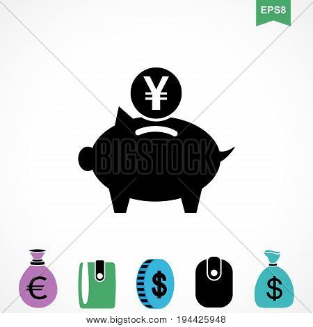 Money Yen Icon or Flat Sign. National Japan CurrencySymbol Isolated. Piggy Bank Pictogram