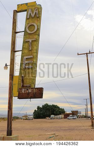 Ludlow California USA - October 29 2015:The Bagdad Cafe from the 1960s along Route 66 in the Mojave Desert that was made famous upon the release of the 1987 German film under the same name.