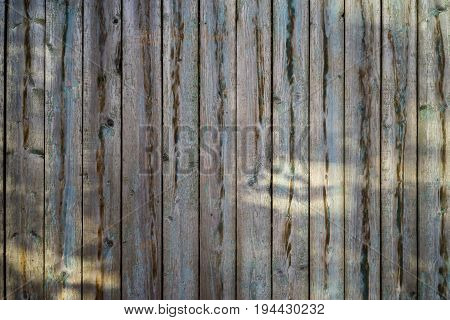 Old scratched wooden board fence with lights and shadows