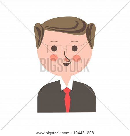 Man in square eyeglasses, dark shirt and bright red tie with retro hairstyle, red nose and pink cheeks isolated vector illustration on white background. Male cartoon character funny portrait.