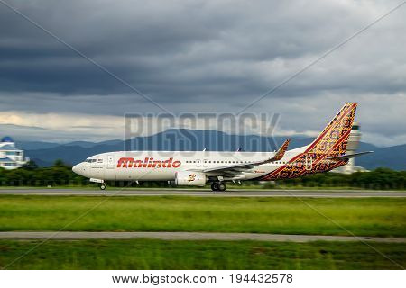 Kota Kinabalu,Sabah-June 17,2017:Malindo Air Boeing 737-800 landed at Kota Kinabalu International Airport Sabah.Malindo Airways is a Malaysian airline with headquarters in Petaling Jaya,Selangor, Malaysia