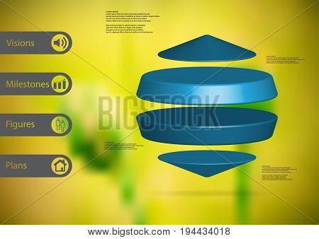 3D illustration infographic template with motif of two cylinders between two cones horizontally arranged with simple sign and sample text on side in bars. Blurred photo is used as background.
