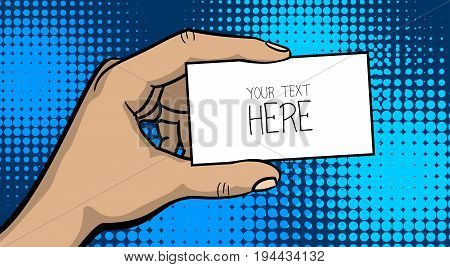 Pop art comic text cartoon strong man hand show empty speech bubble, business card. Human guy wow poster halftone dot background. Gesture advertisement arm illustration.