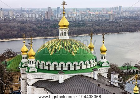 Kiev, Ukraine. Church Pechersk Lavra Monastery and Dniepr river