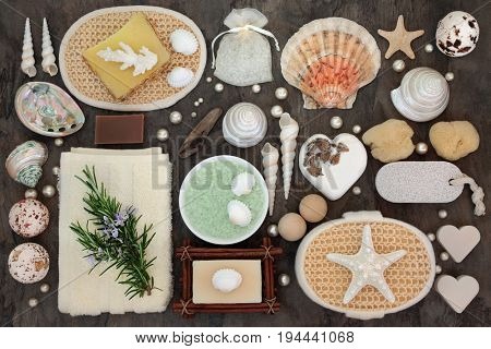Bathroom and spa products with rosemary herb, ex foliating scrubs, bath bombs, crystals and soaps, towelling and sponge accessories with pearls and shells.