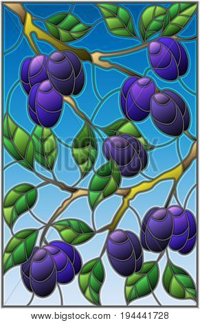 Illustration in the style of a stained glass window with the branches of plum tree the branches leaves and fruits against the sky