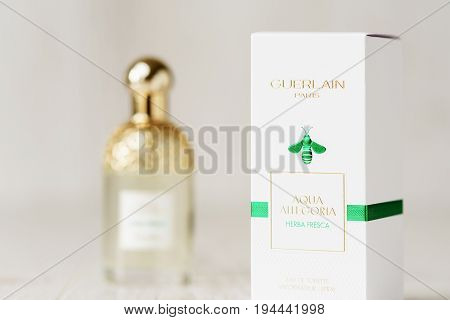 Moscow Russia, Juy 6, 2017: Package And Bottle Of Eau De Toilette Guerlain Aqua Allegoria Herba Fres