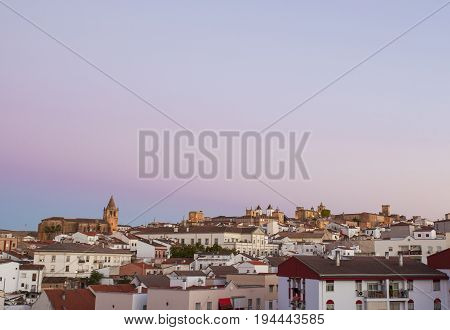 Caceres historic quarter taken from outskirts. Sunset