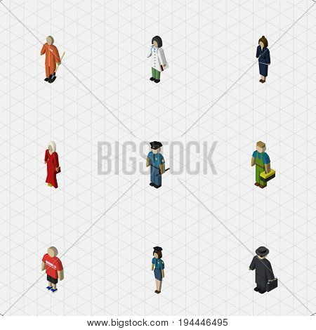 Isometric Human Set Of Guy, Female, Businesswoman And Other Vector Objects. Also Includes Man, Doctor, Police Elements.