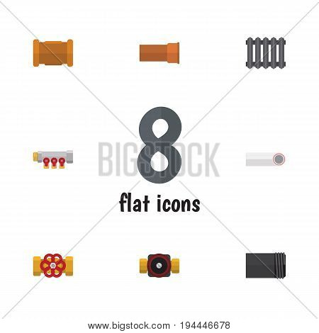 Flat Icon Sanitary Set Of Pipework, Tube, Cast And Other Vector Objects. Also Includes Radiator, Water, Flange Elements.