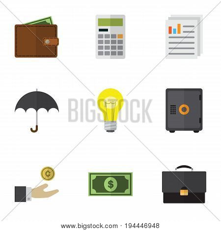 Flat Icon Gain Set Of Greenback, Strongbox, Portfolio And Other Vector Objects. Also Includes Billfold, Beach, Bank Elements.