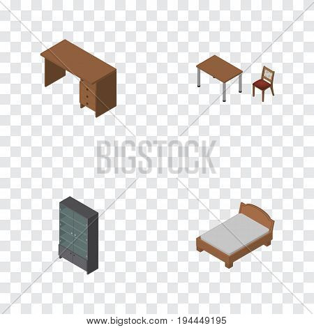Isometric Furnishing Set Of Table, Bedstead, Chair And Other Vector Objects. Also Includes Drawer, Bed, Table Elements.