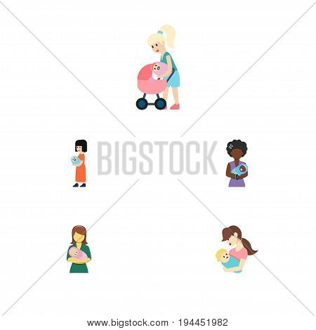 Flat Icon Parent Set Of Woman, Mam, Child And Other Vector Objects. Also Includes Child, Kid, Perambulator Elements.