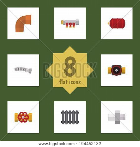 Flat Icon Industry Set Of Pipework, Iron, Tap And Other Vector Objects. Also Includes Faucet, Pump, Heater Elements.