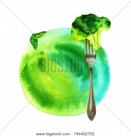 Watercolour frame with mint leaves and broccoli sprout on vintage fork, vibrant green brush stroke texture with place for text, on white background. Vegan themed decorative element for restaurant menu