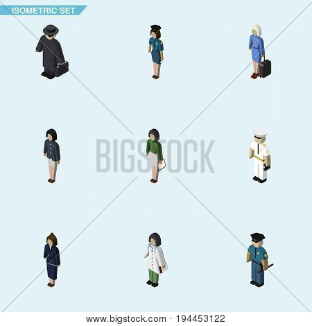Isometric Person Set Of Girl, Pedagogue, Policewoman And Other Vector Objects. Also Includes Policewoman, Detective, Officer Elements.