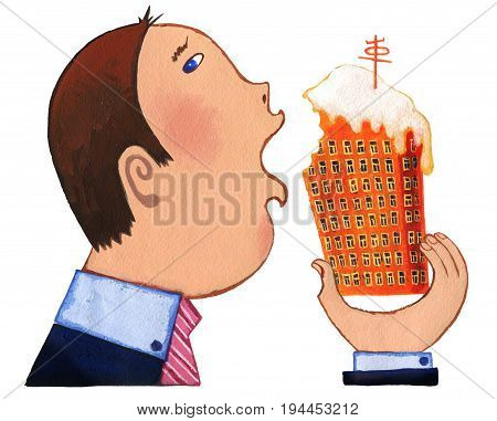 The man eating cake as house ona white background