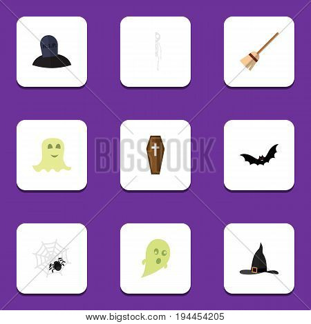 Flat Icon Halloween Set Of Skeleton, Phantom, Superstition And Other Vector Objects. Also Includes Arachnid, Specter, Ghost Elements.
