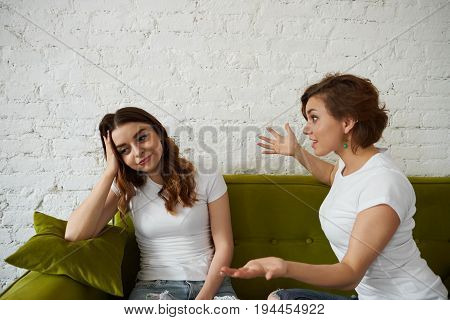 Fatigue from girl friend. Crazy idea of student travel in winter such backpacker. Woman discuss boys or healthy food at home. Talk about losing weight. Creative female planning future plans for a job
