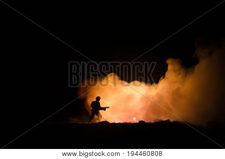 War Concept. Military Silhouettes Fighting Scene On War Fog Sky Background, World War Soldiers Silho