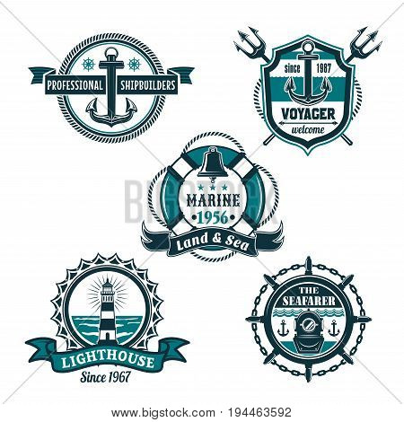 Nautical retro badge set. Sea anchor, ships bell, lighthouse and vintage diving helmet, framed by helm, rope, chain, lifebuoy and heraldic shield with ribbon banner for marine themes design