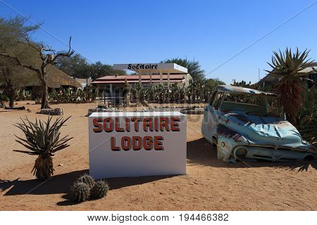 Solitaire, Namibia - May 19, 2017: Damaged Abandoned Car At The Service Station. Solitaire, Namibia