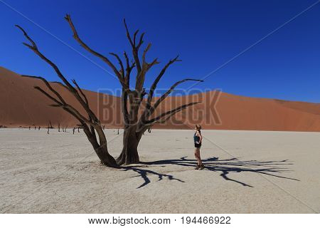 Girl at Deadvlei Sossusvlei. Namibia, South of Africa
