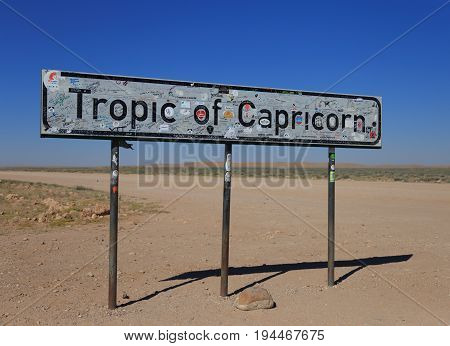 Tropic Of Capricorn, Namibia- 22 May 2017: Tropic Of Capricorn Sign In Namibia