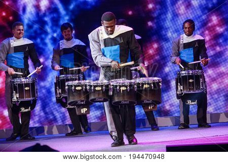 ATLANTA GA USA MARCH 4 2014 - Spirit Drum and Bugle Corps ensemble play at Microsoft Convergence conference opening in Georgia Congress Center on March 4 2014 in Atlanta GA USA