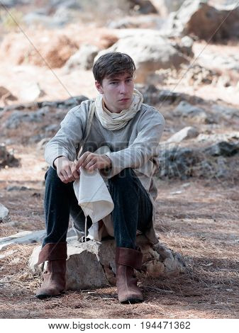Tiberias Israel July 01 2017 : Participants in the reconstruction of Horns of Hattin battle in 1187 rest in the camp before the campaign near Tiberias Israel