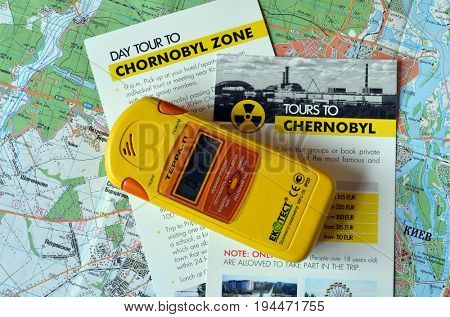 Illustrative Editorial.Comercial booklet of travel agency sugest tourism in Chernobyl Area.Tragedy as attraction.Kiev,Ukraine July 9, 2017