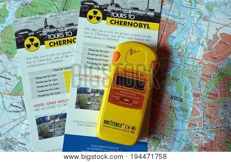 Illustrative Editorial.Comercial booklet of travel agency sugest tourism in Chernobyl Area.Tragedy as attraction.Kiev,Ukraine July 9, 2017
