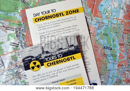 Illustrative Editorial.Comercial booklet of travel agency sugest tourism in Chernobyl Area.Tragedy as attraction.Kiev,Ukraine July 9, 2017