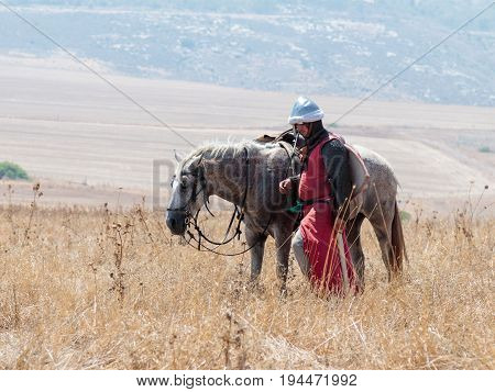 Tiberias Israel July 01 2017 : Participants in the reconstruction of Horns of Hattin battle in 1187 prepare for the decisive battle near Tiberias Israel