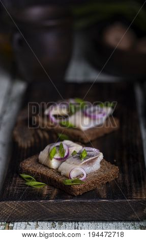 Snack Of Rye Bread, Herring And Onions