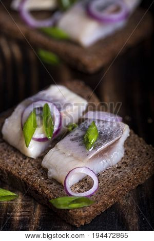 Snack Of Rye Bread, Herring And Onions