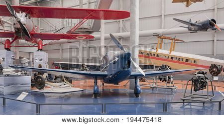 Le Bourget Paris France- May 042017: Caudron C.635 Simoun in the Museum of Astronautics and Aviation Le Bourget