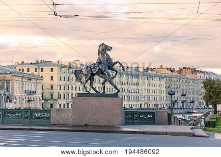 29.06.2017 ,saint Petersburg , Russia . Early Morning At Nevsky Prospect Anichkov Bridge