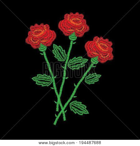Embroidery stitches imitation three red roses. Fashion embroidery rose flower on black background. Embroidery red roses vector.