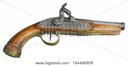 Vintage antique flintlock pistol isolated on white background