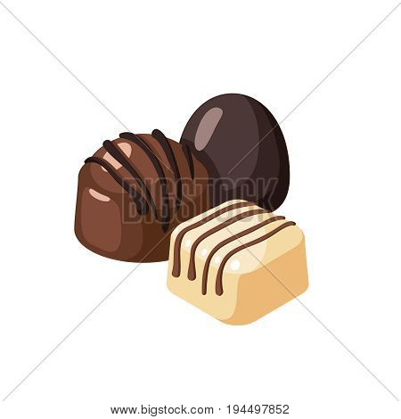 Striped dark white chocolate covered bon-bons. Vector illustration candy  flat icon isolated on white.