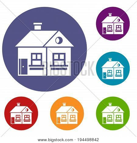 Large single-storey house icons set in flat circle reb, blue and green color for web