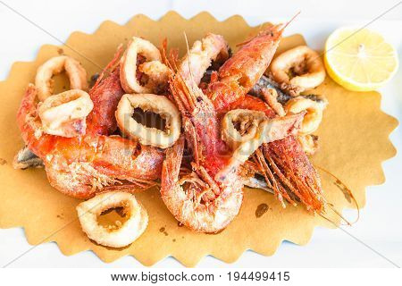 Above View Of Plate With Fried Local Seafood